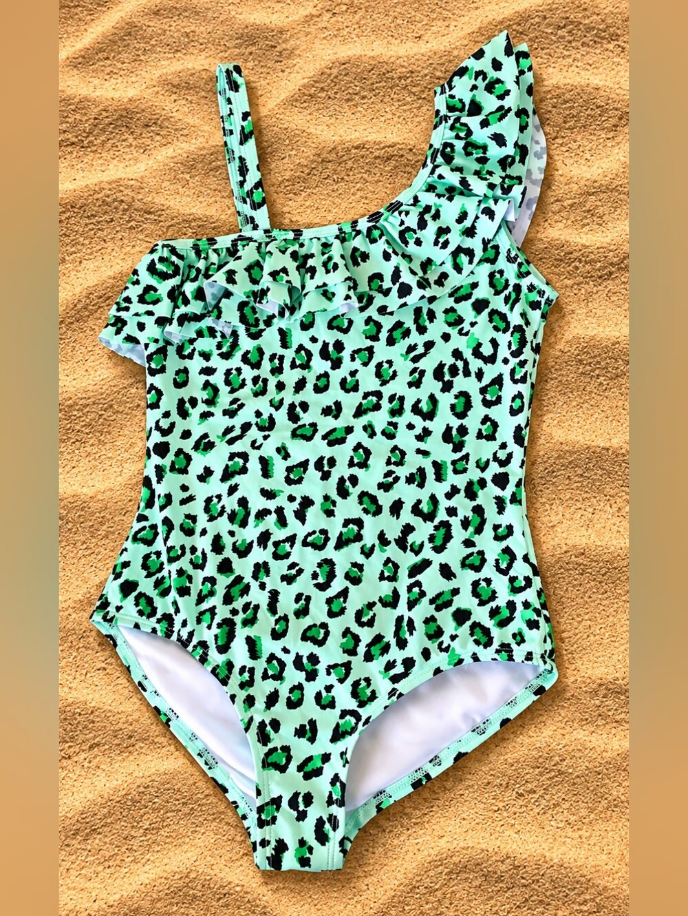 Kanu Surf Beach Leopard Girls Size 12 Green Ruffle One Piece Swimsuit NWT